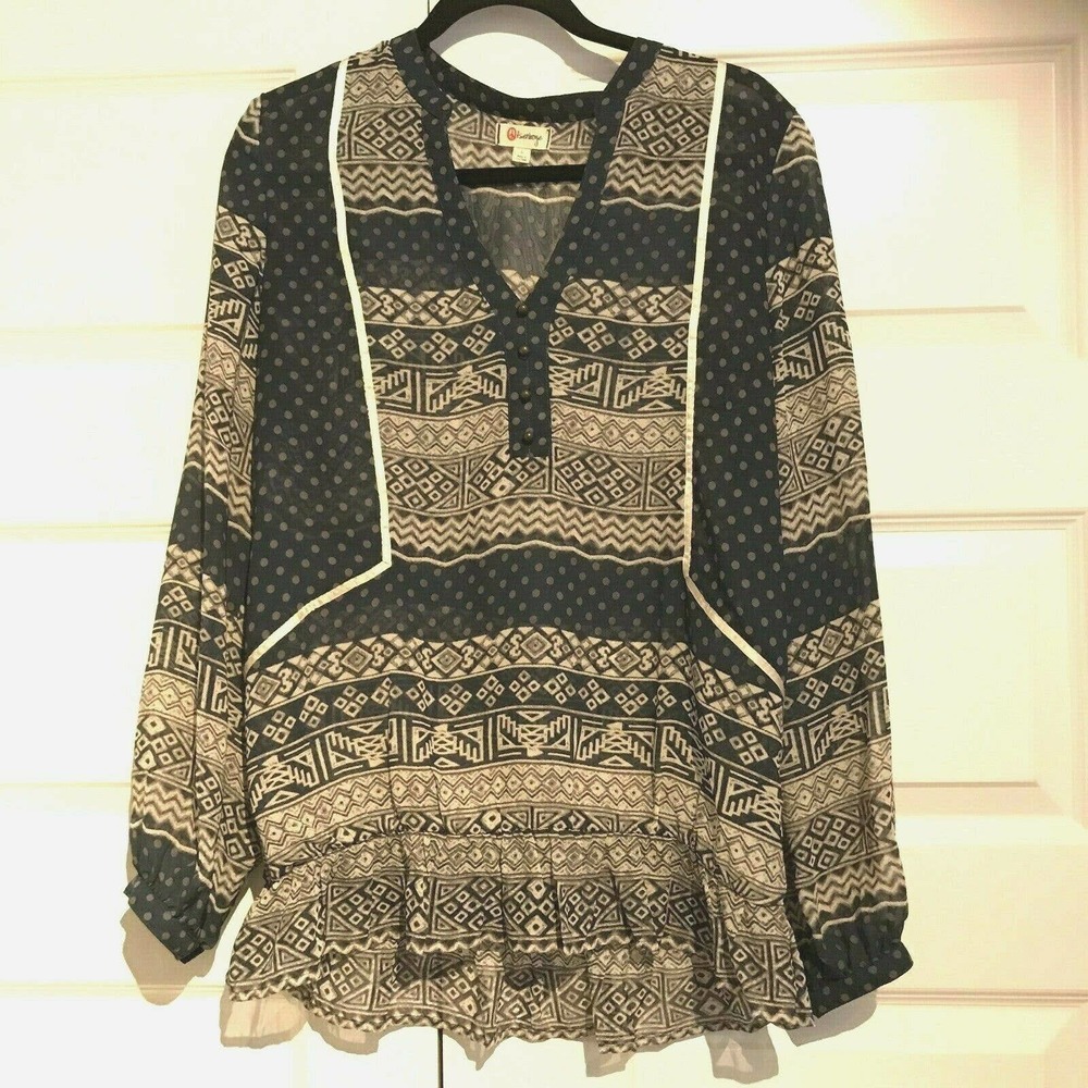 Olsenboye Womens Blue Gray Aztec Polka Dot Semi Sheer Popover Blouse Large